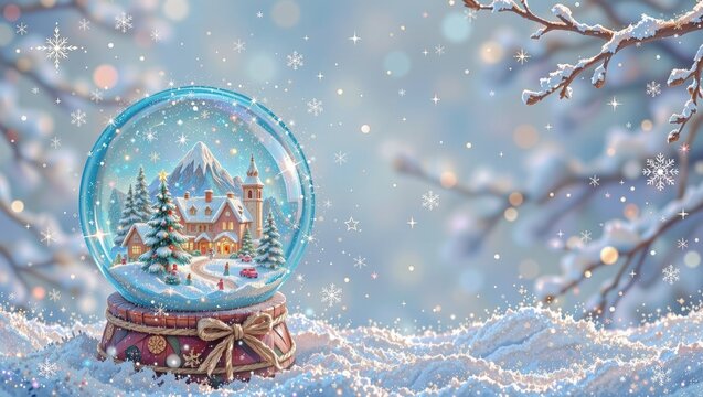A winter snow globe with a cozy cottage and snow-covered trees on a beautiful snow-covered background