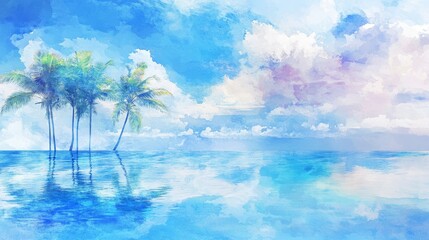 Serene Tropical Paradise with Palms and Reflections Under Blue Sky