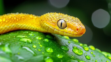 Fototapeta premium Close up of a Yellow Snake on a Dew Covered Green Leaf