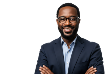 Smiling african american businessman wearing glasses and a suit isolated on transparent background