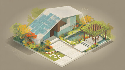 An isometric 3D visual of a modern square-plot property with a contemporary two-story house. The dramatic sloped roof is covered in layered gray tiles and dotted with sleek solar panels. Surrounding