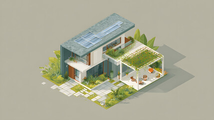 An isometric 3D visual of a modern square-plot property with a contemporary two-story house. The dramatic sloped roof is covered in layered gray tiles and dotted with sleek solar panels. Surrounding