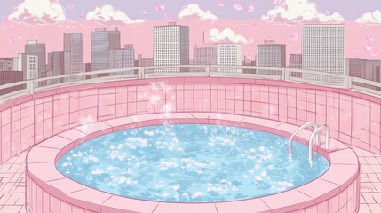 Serene Rooftop Pool Scene with Pink Clouds and City Skyline