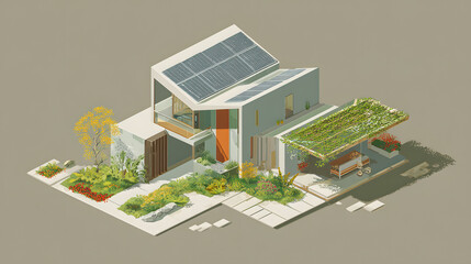 An isometric 3D visual of a modern square-plot property with a contemporary two-story house. The dramatic sloped roof is covered in layered gray tiles and dotted with sleek solar panels. Surrounding