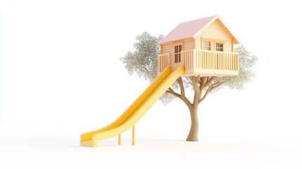 Colorful Treehouse with Slide in a Bright, Minimalist Environment