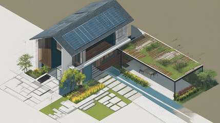 A vivid isometric 3D architectural rendering depicting a modern house with sharp lines and a two-level structure. The roof is steep and elegant, tiled in gray with solar panels arranged
