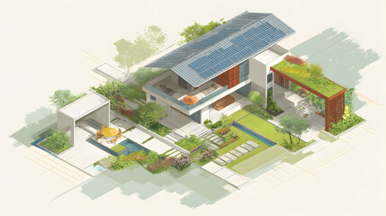 A vivid isometric 3D architectural rendering depicting a modern house with sharp lines and a two-level structure. The roof is steep and elegant, tiled in gray with solar panels arranged