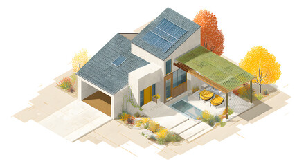 Isometric 3D illustration of a contemporary two-story dwelling, with a wide sloped roof layered in gray tilework and a large rectangular section dedicated to solar panels. The house stands on a