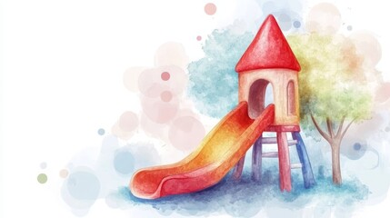 Colorful Playground Structure with Slide and Tree in Watercolor Style