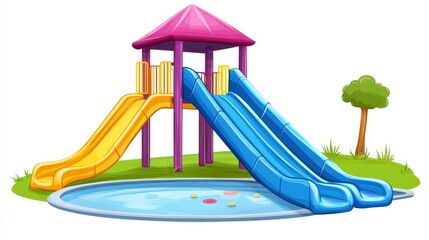 Colorful Playground Structure with Slides and Swimming Pool