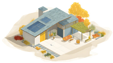 Isometric 3D illustration of a contemporary two-story dwelling, with a wide sloped roof layered in gray tilework and a large rectangular section dedicated to solar panels. The house stands on a