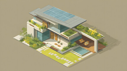 A modern residential isometric 3D view featuring a two-level home with clean lines, a striking sloped roof tiled in gray, and gleaming solar panels across the upper surface. Surrounding the house is