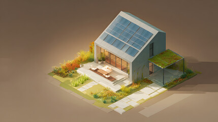 An isometric 3D rendering of a modern two-story house with a steeply sloped roof covered in textured gray tiles and a grid of solar panels spanning across the surface. The home sits on a square