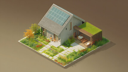 An isometric 3D rendering of a modern two-story house with a steeply sloped roof covered in textured gray tiles and a grid of solar panels spanning across the surface. The home sits on a square
