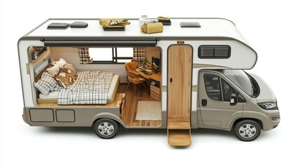 Modern RV Interior with Cozy Bedroom and Compact Living Space