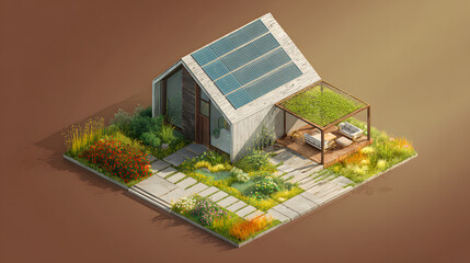 An isometric 3D rendering of a modern two-story house with a steeply sloped roof covered in textured gray tiles and a grid of solar panels spanning across the surface. The home sits on a square