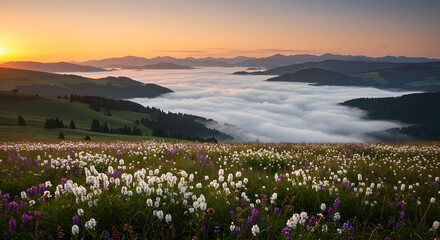 Obraz premium Panoramic ethereal scene of golden sunrise over tranquil mountains shrouded in mist with vibrant wildflower meadow