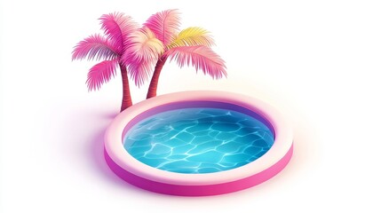 Vibrant Pink Palm Trees Next to a Round Swimming Pool in Summer