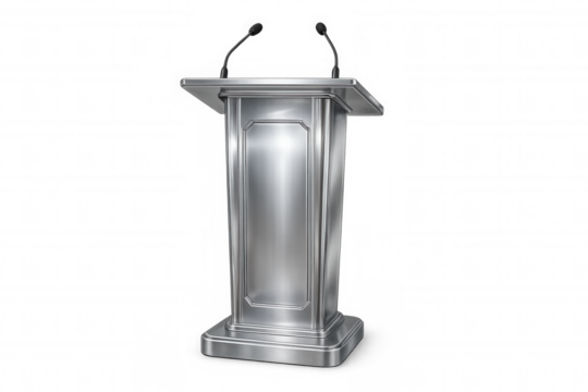 Silver podium with microphones is standing on transparent background, ready for a conference or presentation