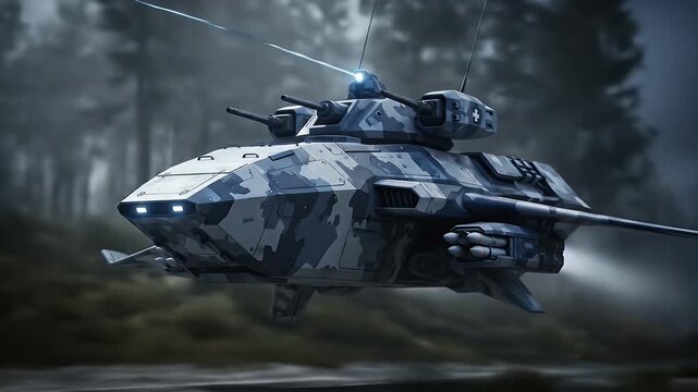 Futuristic Camouflaged Flying Tank Unleashes Laser and Missile Barrage in a Misty Forest