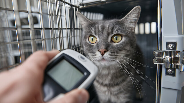 Gray tabby cat in a carrier being scanned with a microchip reader for identification and veterinary check