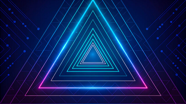 Dynamic neon triangles tunnel with bright lights and futuristic digital technology design - Powered by Adobe