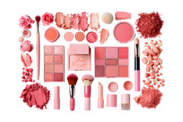Composition of pink makeup products on a transparent background capturing beauty and style