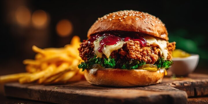 The delicious gourmet burger with crispy chicken and golden fries.