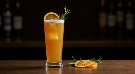 Fototapeta premium refreshing cocktail in tall glass with orange slice and rosemary garnish on wooden surface in dimly lit bar setting. perfect for craft cocktail enthusiasts and mixology scenes