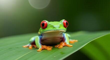 Naklejka premium Red-Eyed Tree Frog on Leaf Agalychnis Callidryas Wildlife Portrait Indonesia.