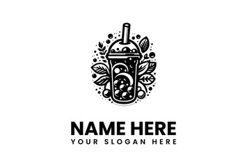 Fototapeta premium Detailed Black and White Boba Drink Logo with Leafy Embellishments.