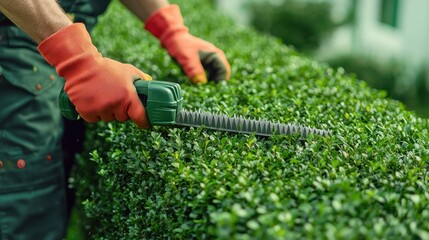 Dramatic Low Angle Shot of Man in Protective Gloves Trimming a Lush Hedge with Electric Hedge Trimmer