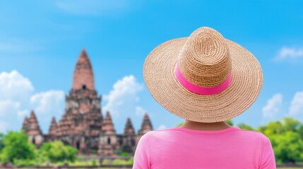 Woman in Straw Hat Admiring Ancient Temple Against Bright Blue Sky with White Clouds
