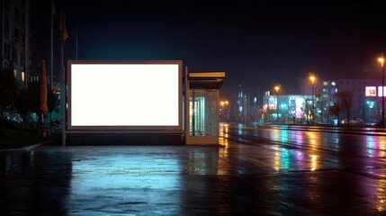 Beautiful photo of front view empty billboard mockup on a night street, neon lights, reflections on wet pavement.