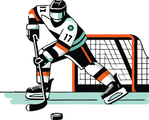 Hockey Player Number Seventeen Shooting Puck at Net