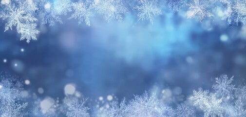 The Beautiful Blue Background Framed by Winter Snowflakes and Sparkling Lights