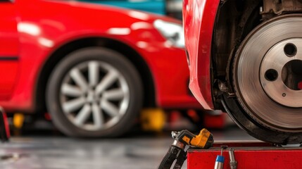 Fototapeta premium Mechanic Checking Car Maintenance in Garage with Red Automobiles Focused on Wheel and Tools