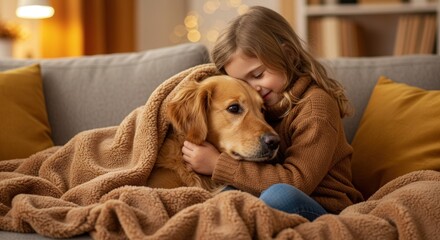 child cuddling dog on cozy couch, wrapped in warm blanket, encapsulating warmth and friendship. soft home lighting enhances the serene and comforting atmosphere of companionship