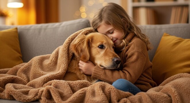 child cuddling dog on cozy couch, wrapped in warm blanket, encapsulating warmth and friendship. soft home lighting enhances the serene and comforting atmosphere of companionship