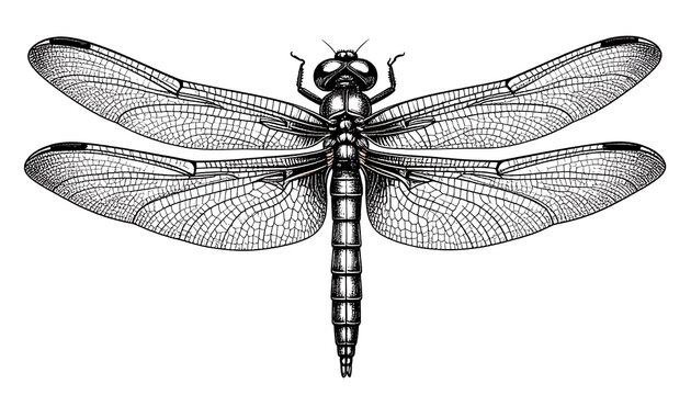 Detailed black and white dragonfly illustration