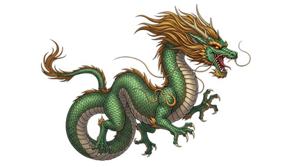 A stylized, vibrant green dragon, with golden mane and horns, in a dynamic pose.