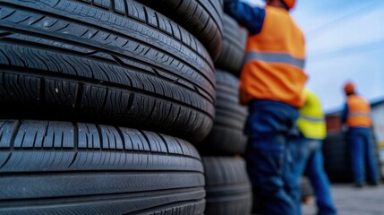 Workers in Safety Gear Manually Stacking Large Tires at a Construction Site for Efficient Organization