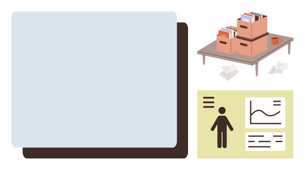 Filing boxes with documents on a desk, scattered papers, and infographic data presentation. Ideal for office work, organization, filing, presentation, data management, productivity simple flat