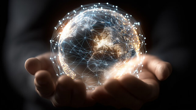 A person holding a glowing globe that displays a global network, symbolizing connectivity, technology, and worldwide digital communication.