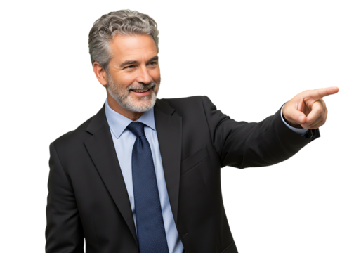 Smiling businessman pointing to the right isolated on transparent background