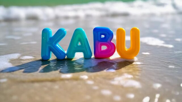 Vibrant plastic letters spelling kabu stand on wet sand near the ocean.