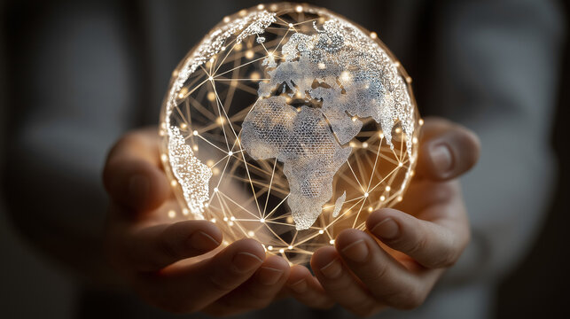 A person holding a glowing globe that displays a global network, symbolizing connectivity, technology, and worldwide digital communication. - Powered by Adobe