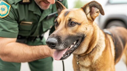 Obraz premium Close-Up of Border Guard Using Sniffer Dog for Detection and Security Operations