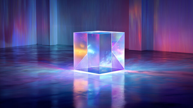 An illuminated crystal cube sits on a reflective surface, casting shimmering light and creating a sleek, modern, and mesmerizing visual.