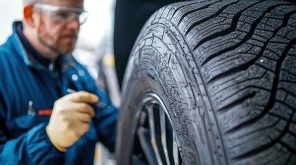 Technician Examining Tire Condition Using Ray Imaging Technology for Detection of Issues and Maintenance Standards